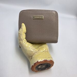 Furla Gray Saffiano Leather Zip Around Wallet Clutch Gold Hardware Excellent!